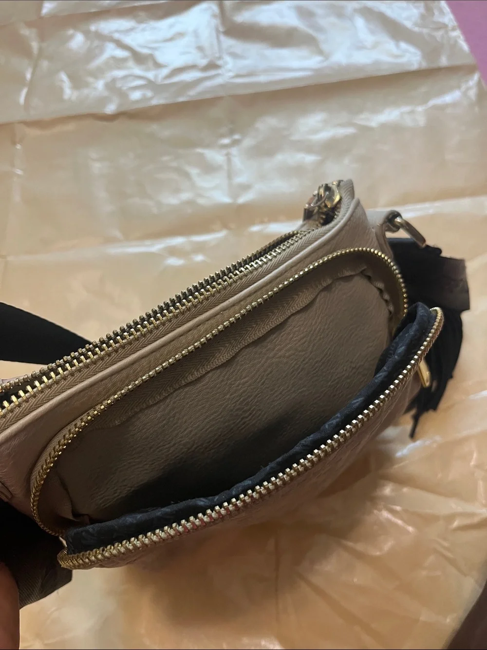 Steve Madden Cream Crossbody with Black Strap and Tassel